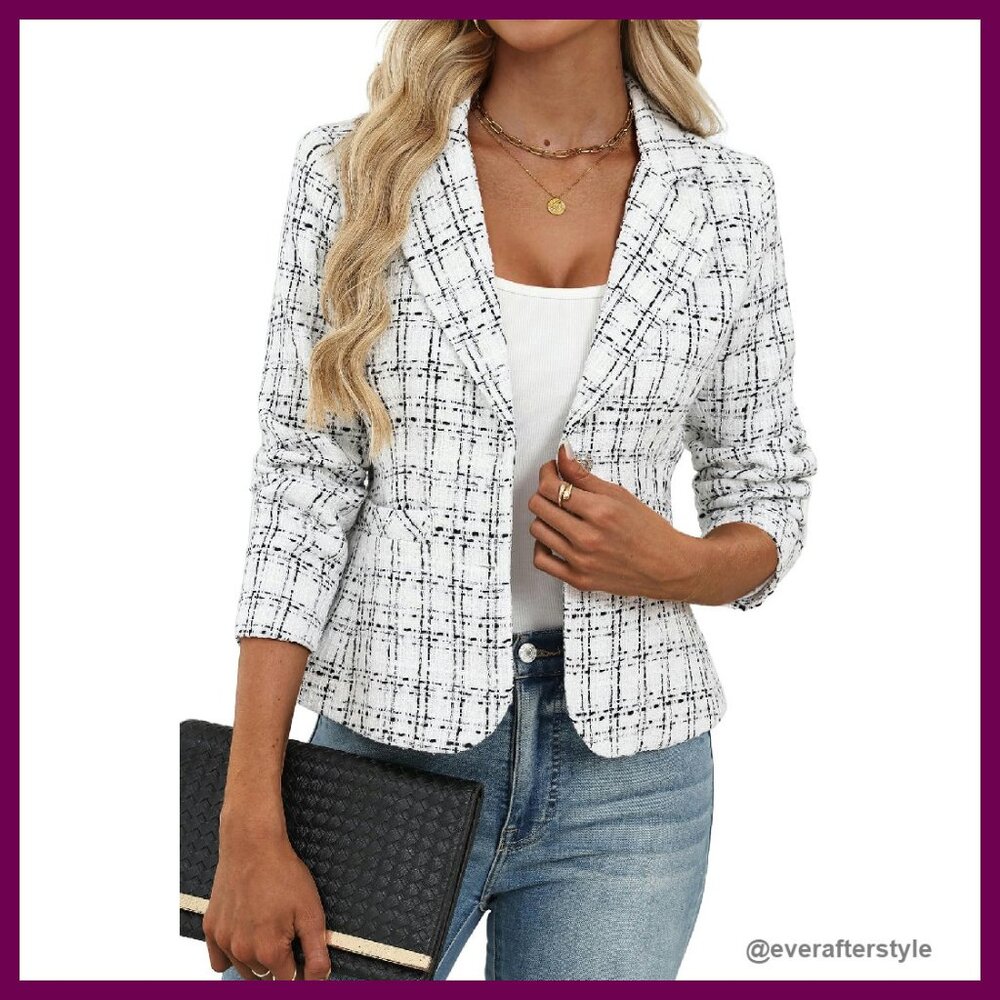 Tweed Blazer Slim Fit Business Suit Jacket Classic Elegant Work Wear